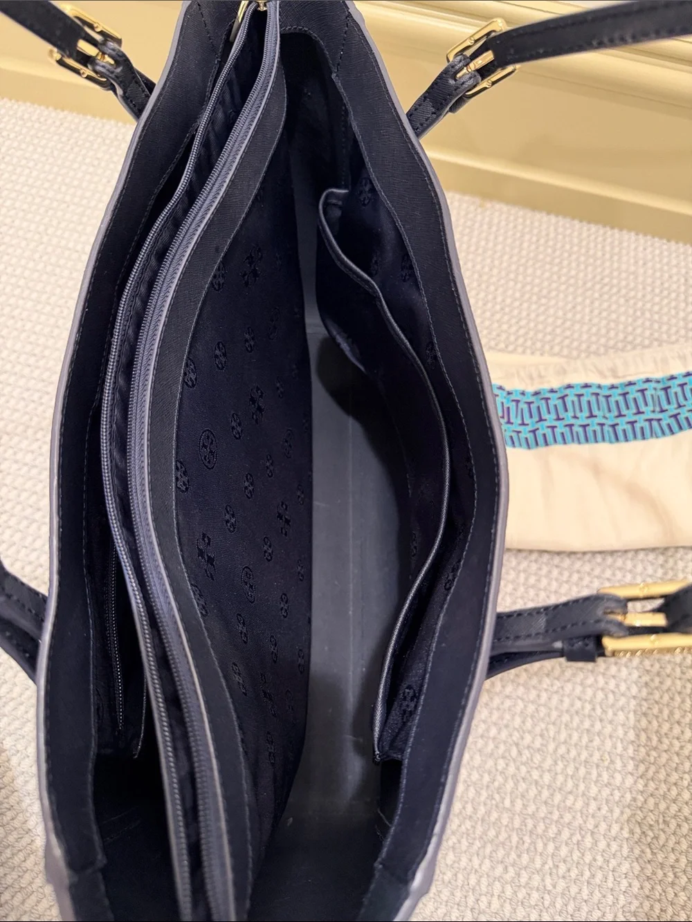 Tory Burch Navy Leather Double-Handle Tote with Gold Logo